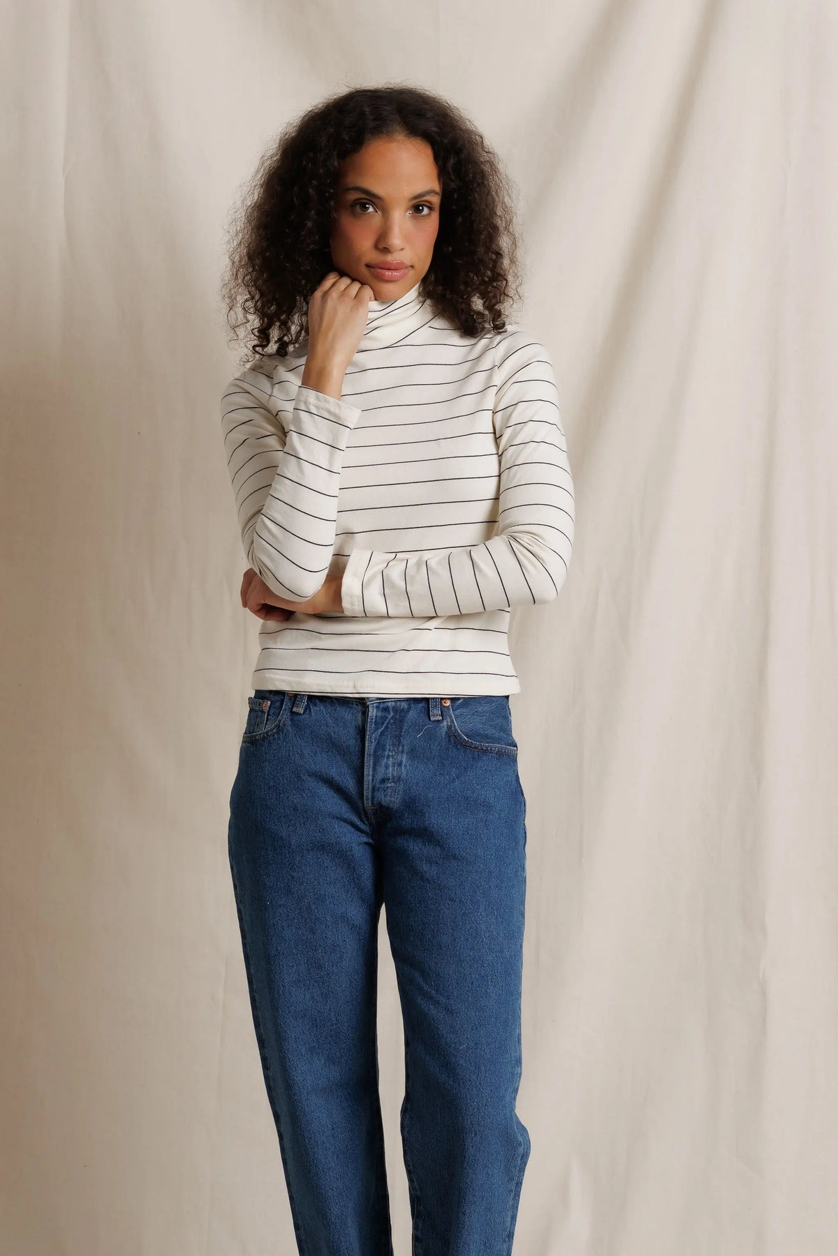 L/S Turtleneck - Natural/Black Stripe