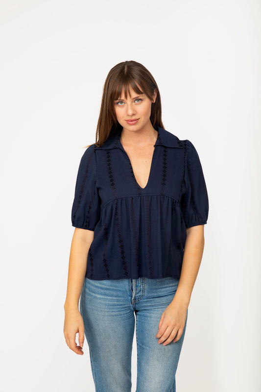 Retro Collar Blouse - Navy