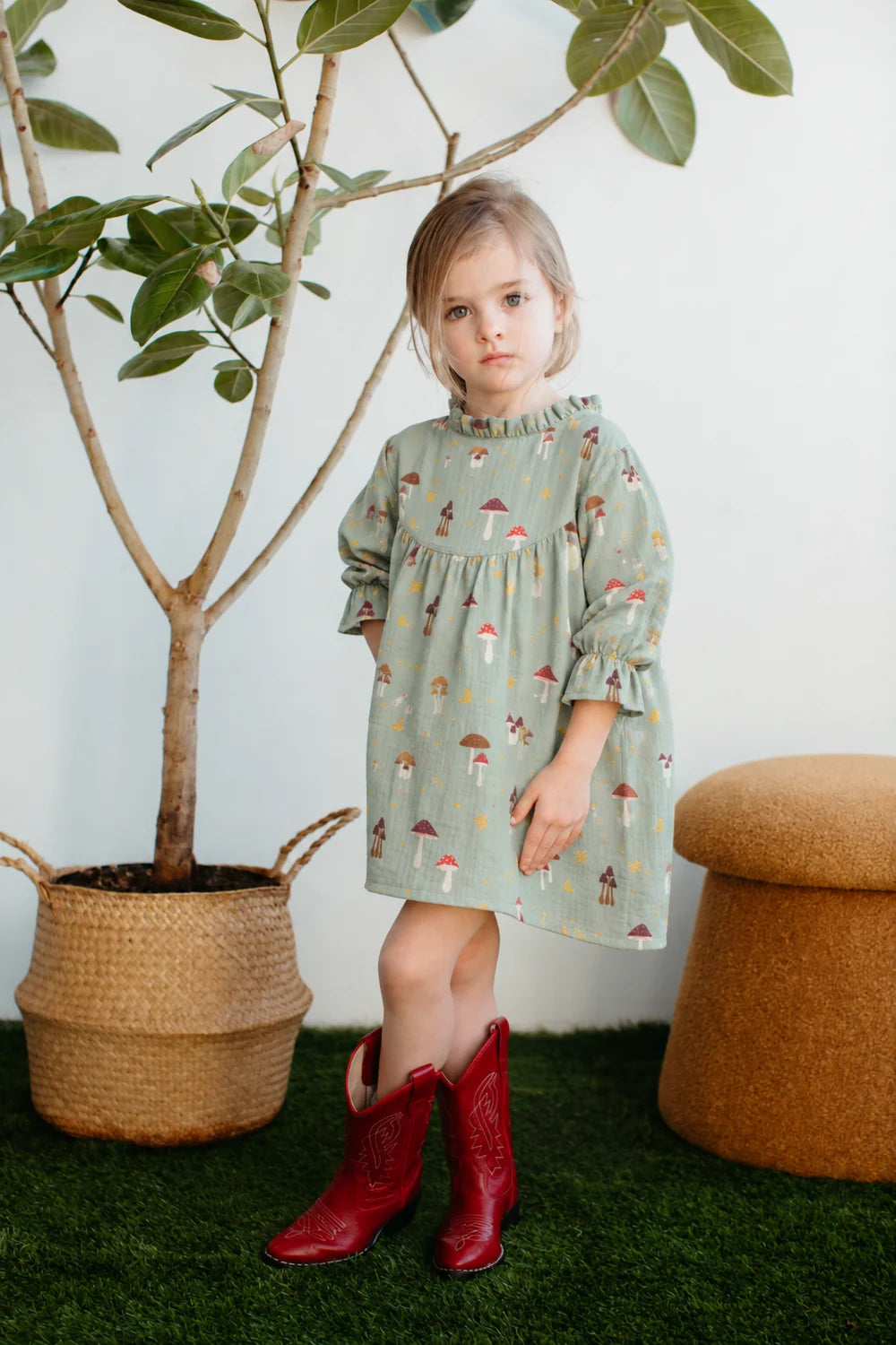 Muslin L/S Ruffle Trim Dress - Dreamcap Forest