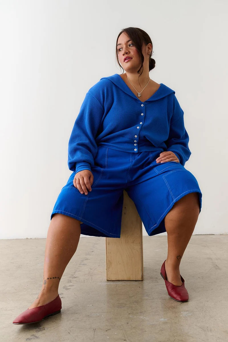 Waffle Sailor Cardigan - Cobalt