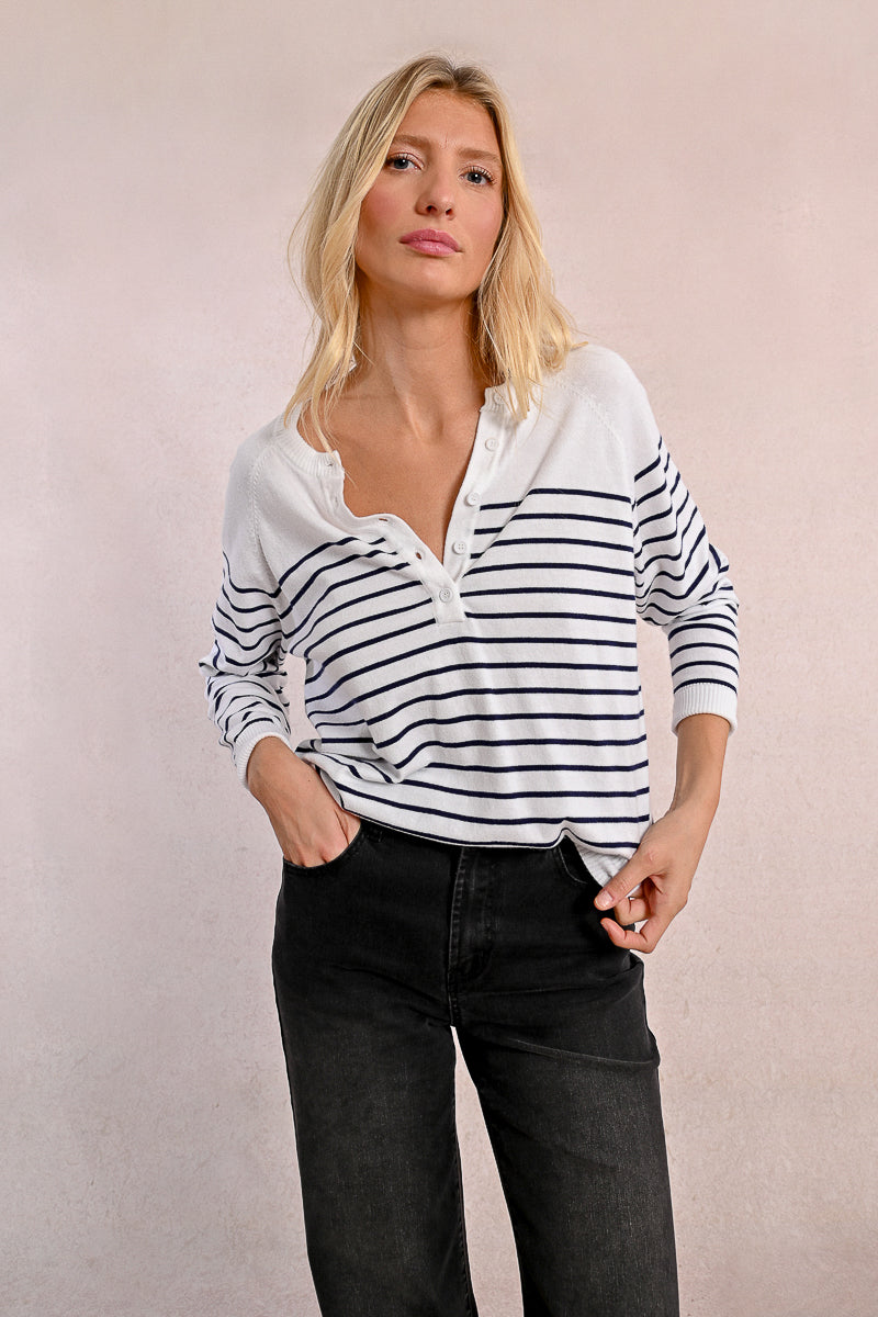 Stripe Henley Top - Blue/White