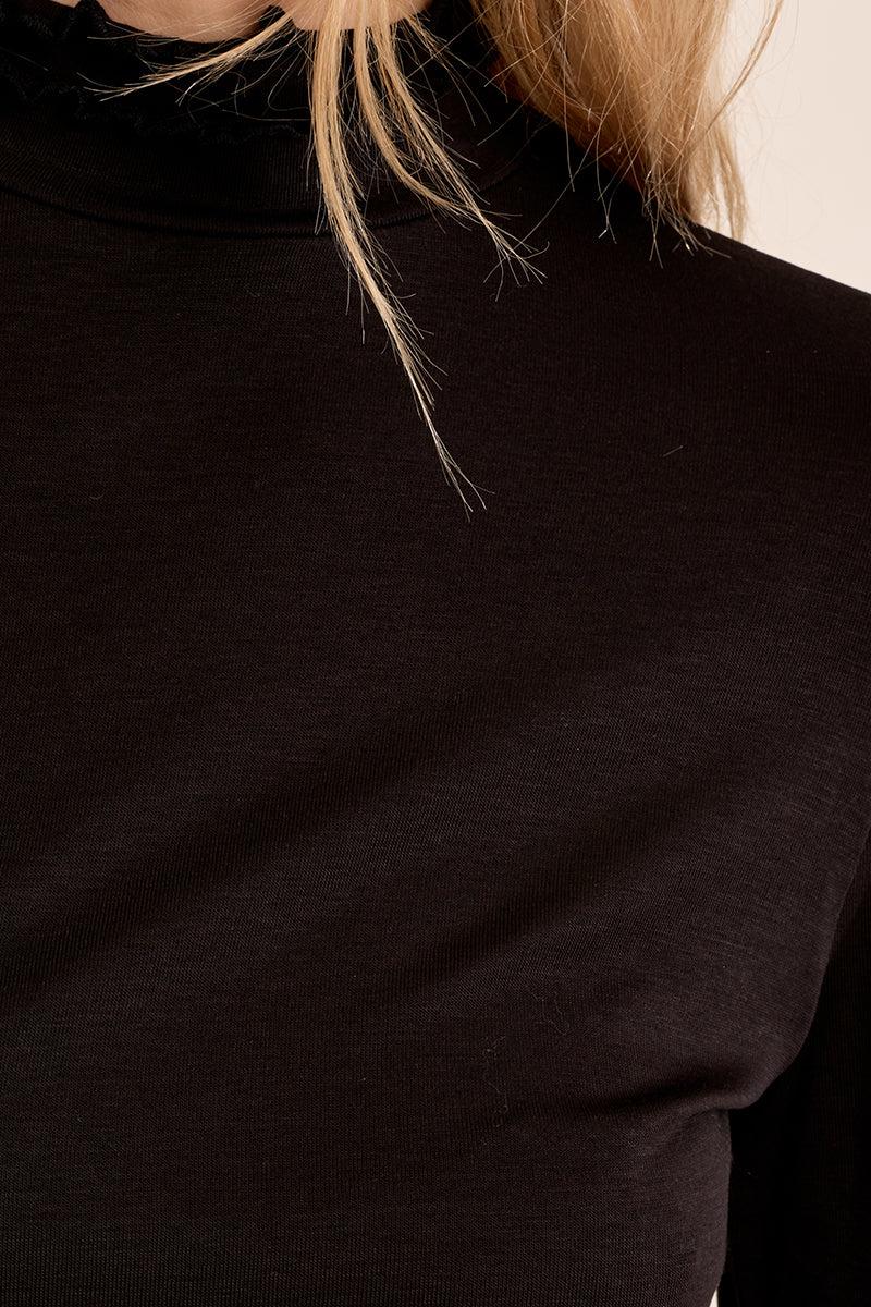 Ruffle Neck Layering Tee - Black
