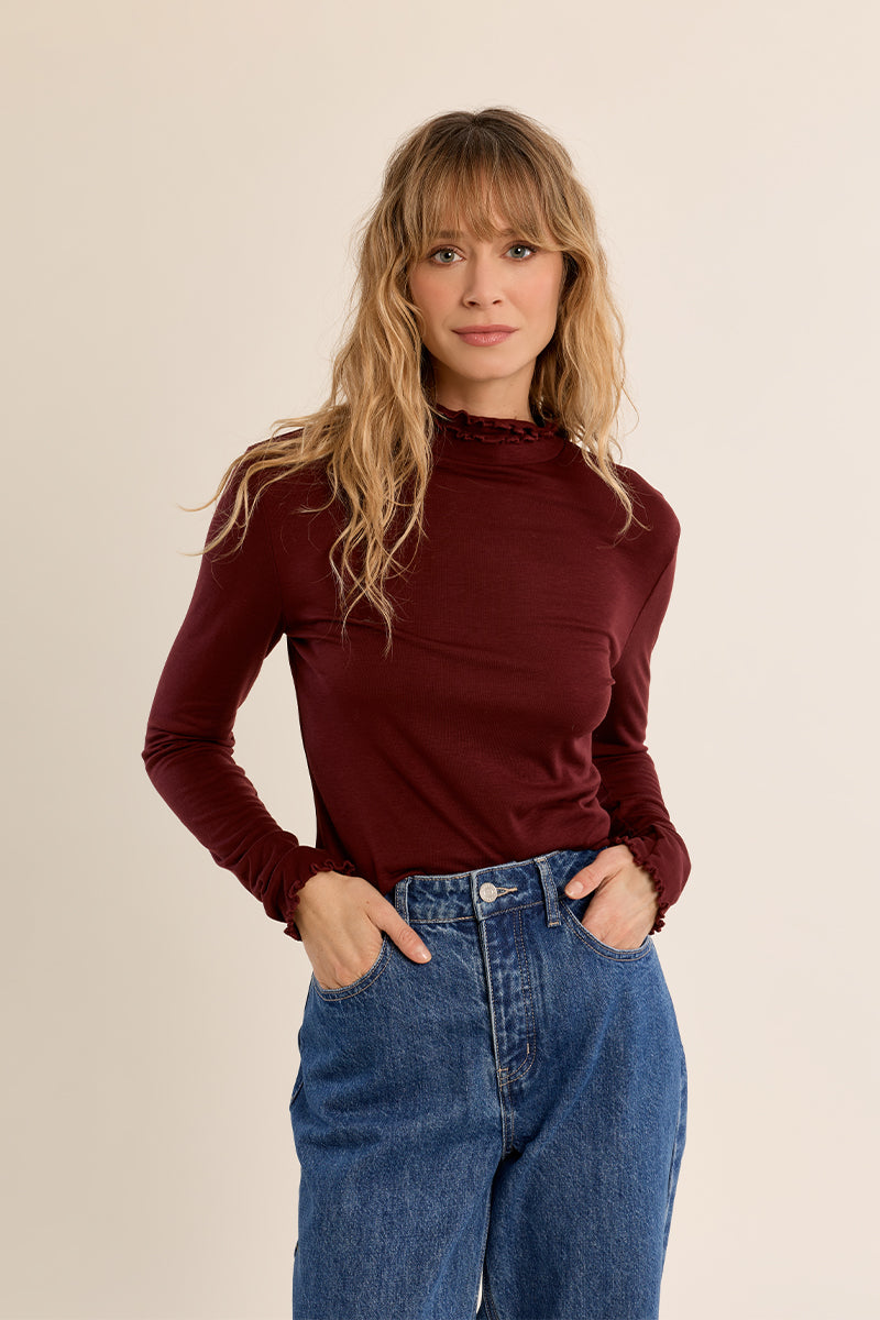 Ruffle Neck Layering Tee - Dark Red