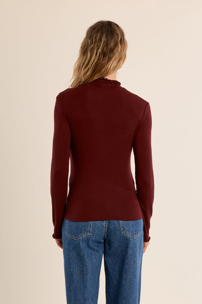 Ruffle Neck Layering Tee - Dark Red