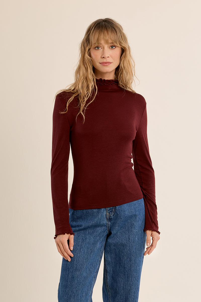 Ruffle Neck Layering Tee - Dark Red