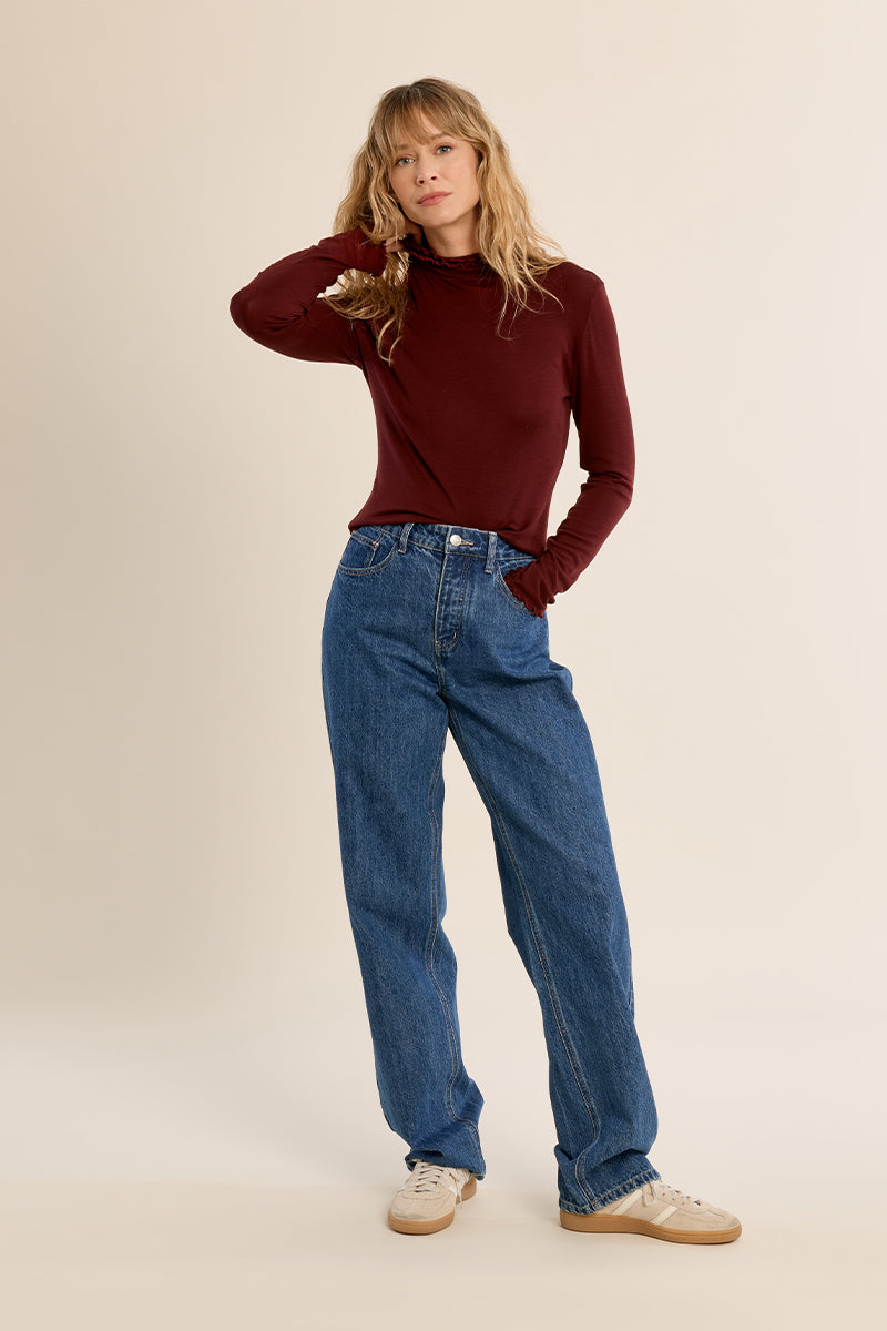Ruffle Neck Layering Tee - Dark Red