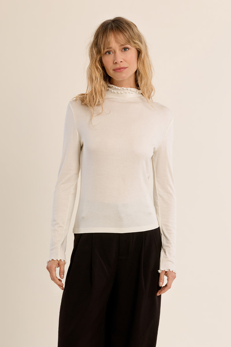 Ruffle Neck Layering Tee - White