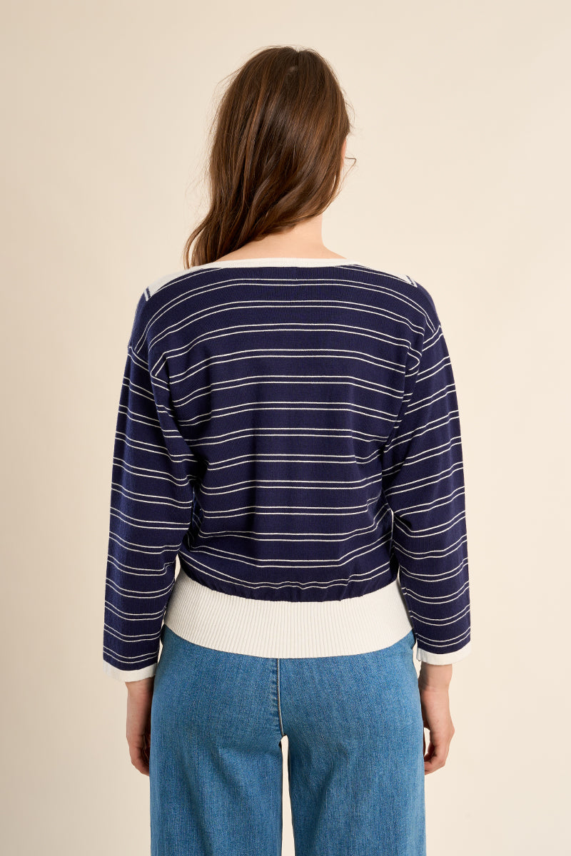 Striped V-Neck Knitted Sweater - Navy/White