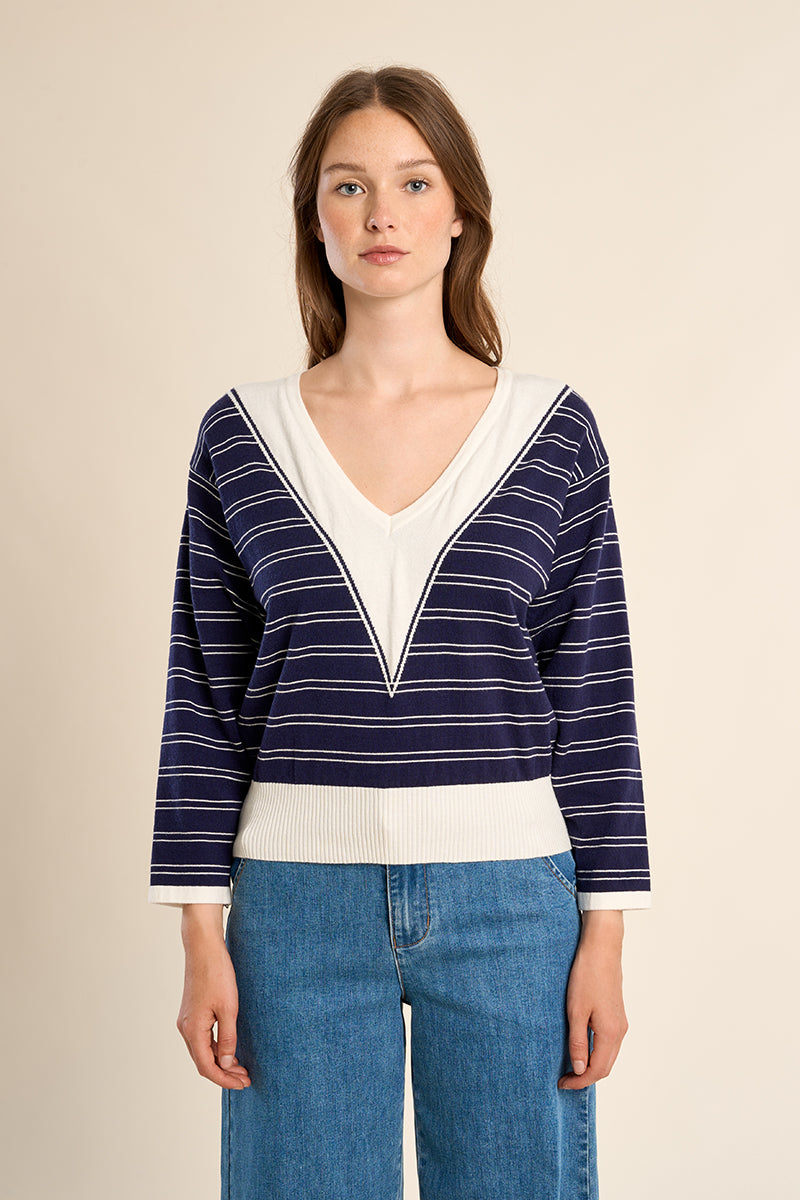 Striped V-Neck Knitted Sweater - Navy/White