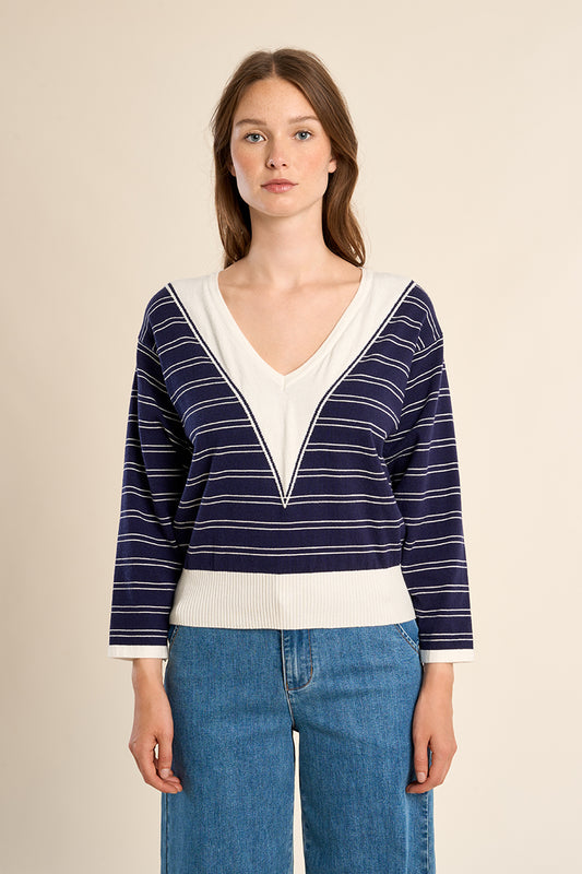 Striped V-Neck Knitted Sweater - Navy/White