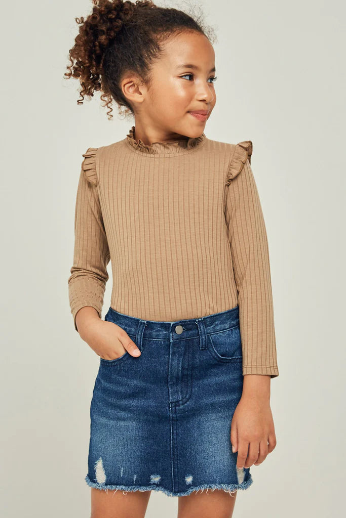 Ribbed Ruffle Mock Neck Top