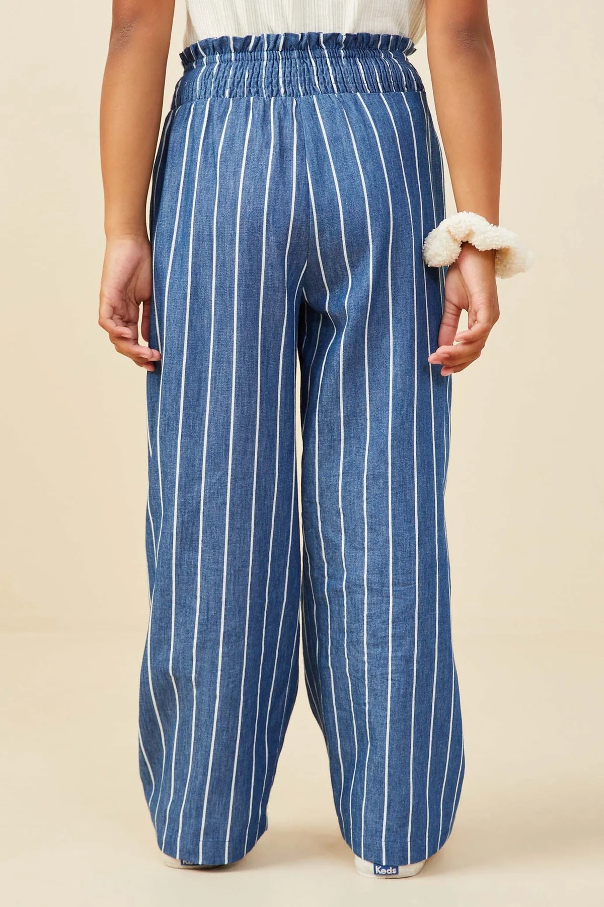 Smocked Waist Pinstripe Wide Leg Chambray Pants