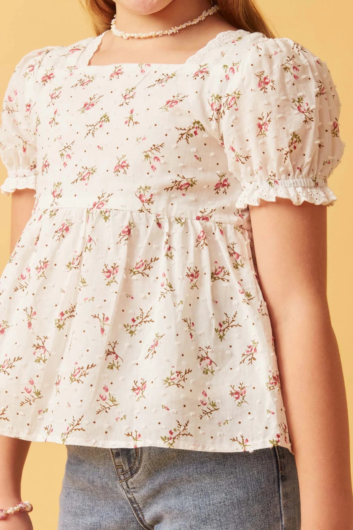 Ditsy Floral Swiss Dot Lace Trim Top