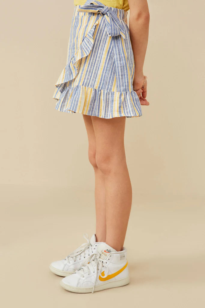 Asymmetric Ruffle Ribbon Tie Striped Skirt