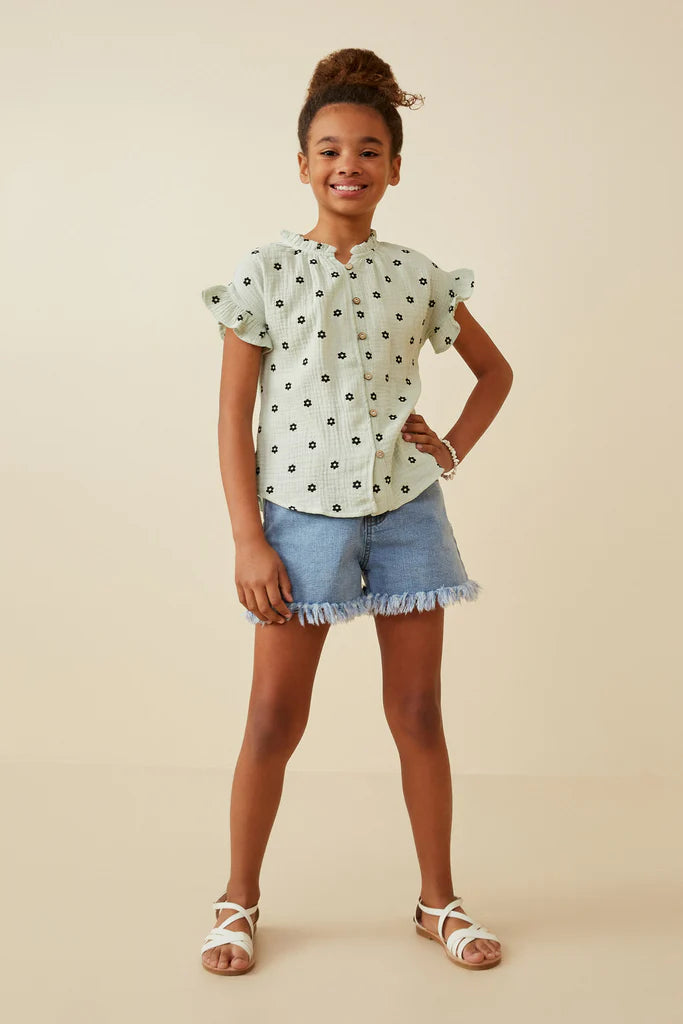 Textured Floral Print Ruffle Collar Shirt