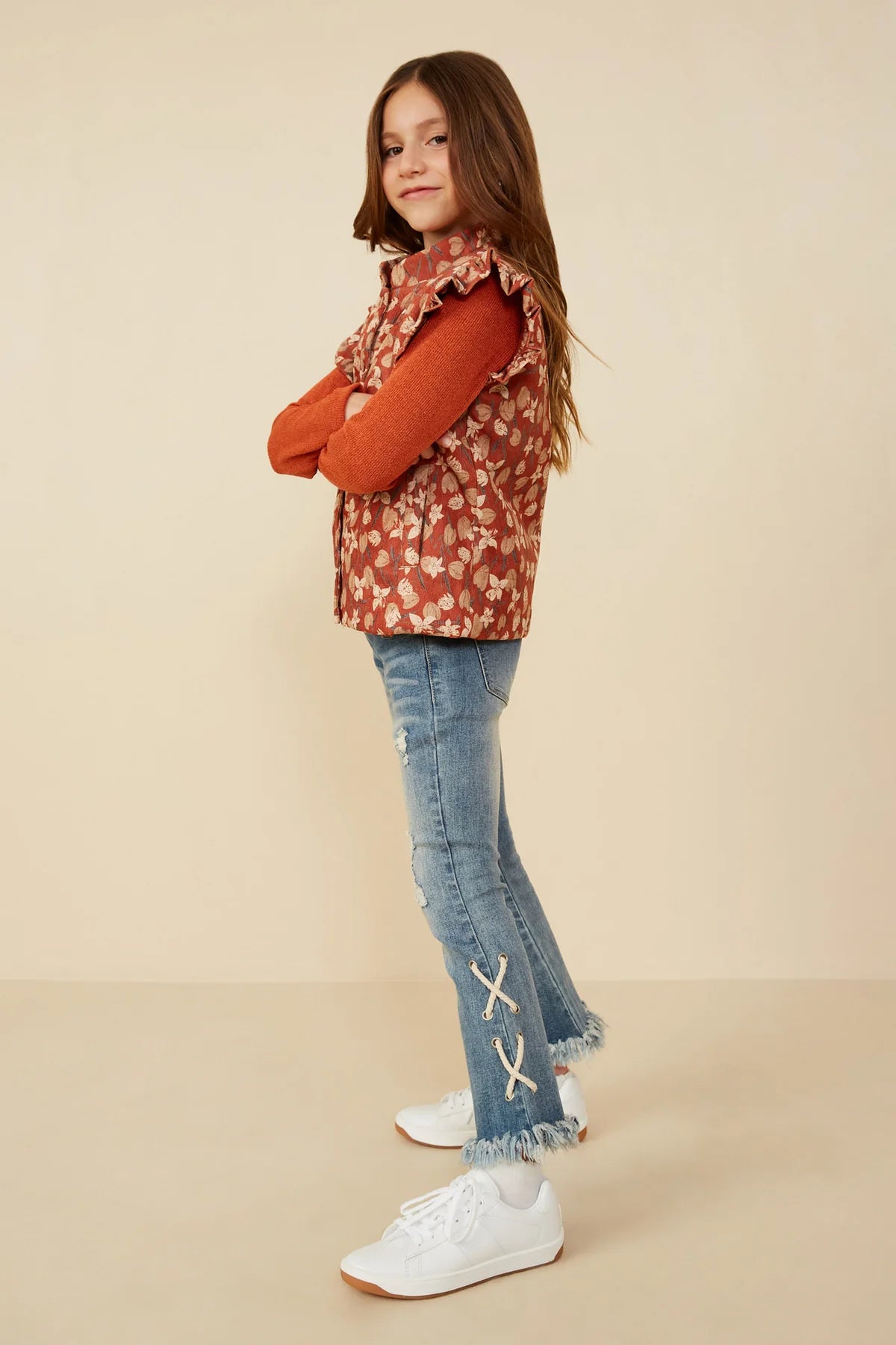 Padded Floral Print Ruffled Corduroy Vest