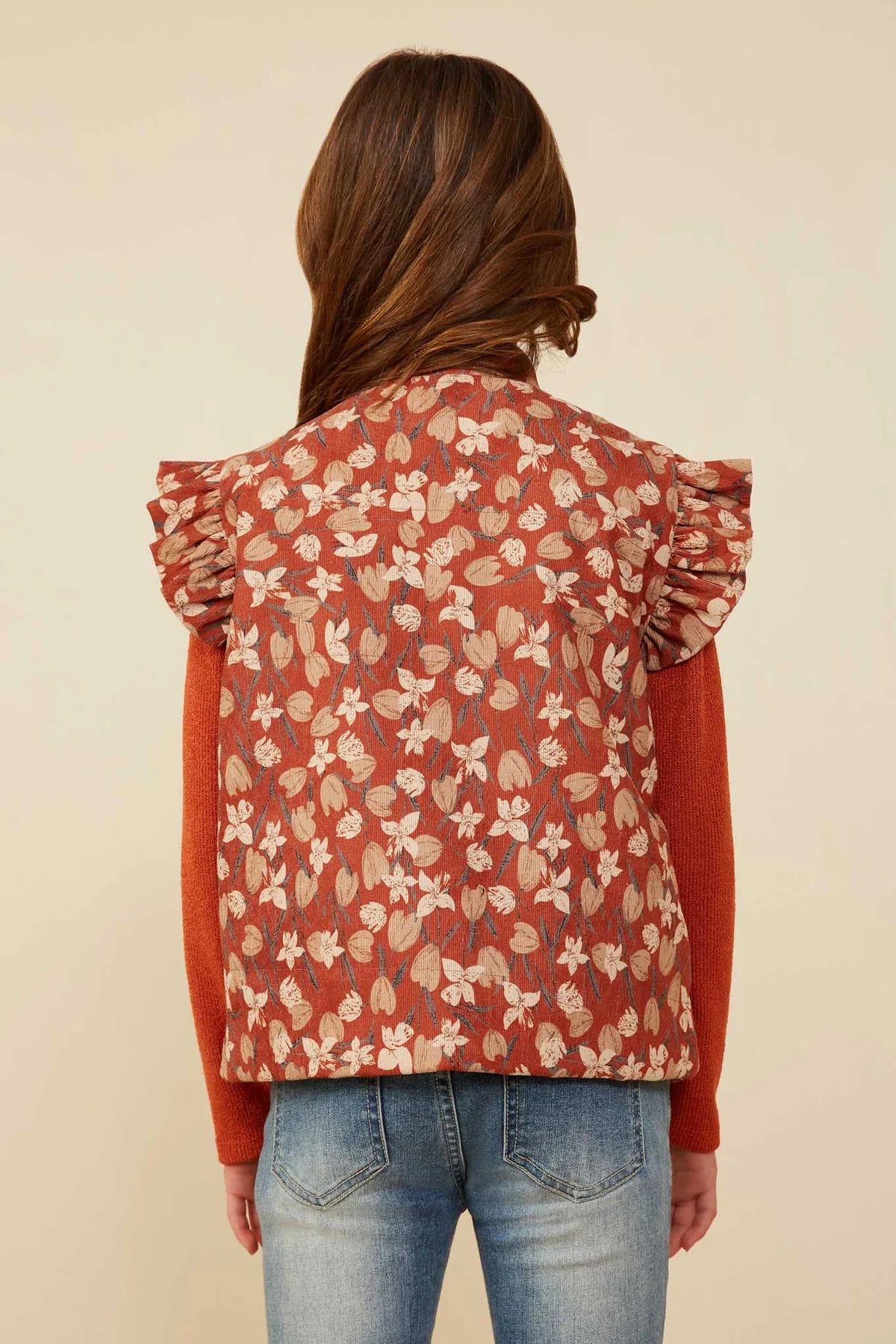 Padded Floral Print Ruffled Corduroy Vest