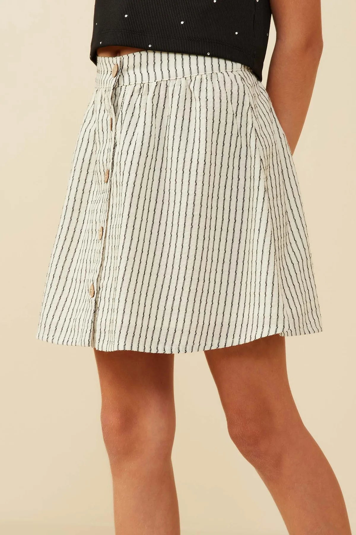 Girls Button Front Textured Striped Skirt
