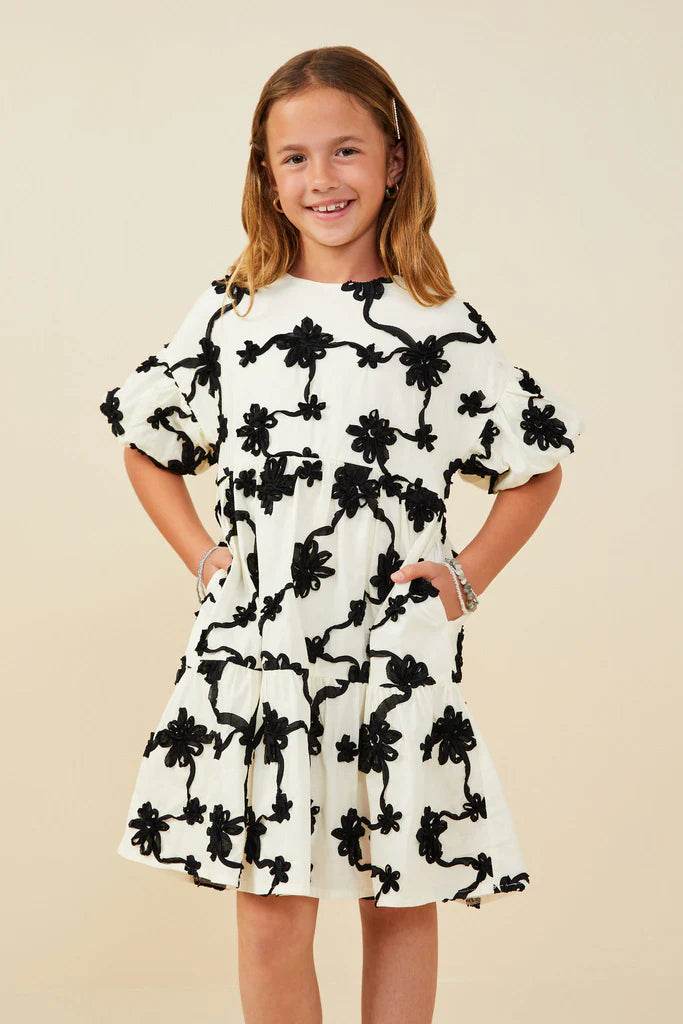 Floral Applique Ruffled Sleeve Dress