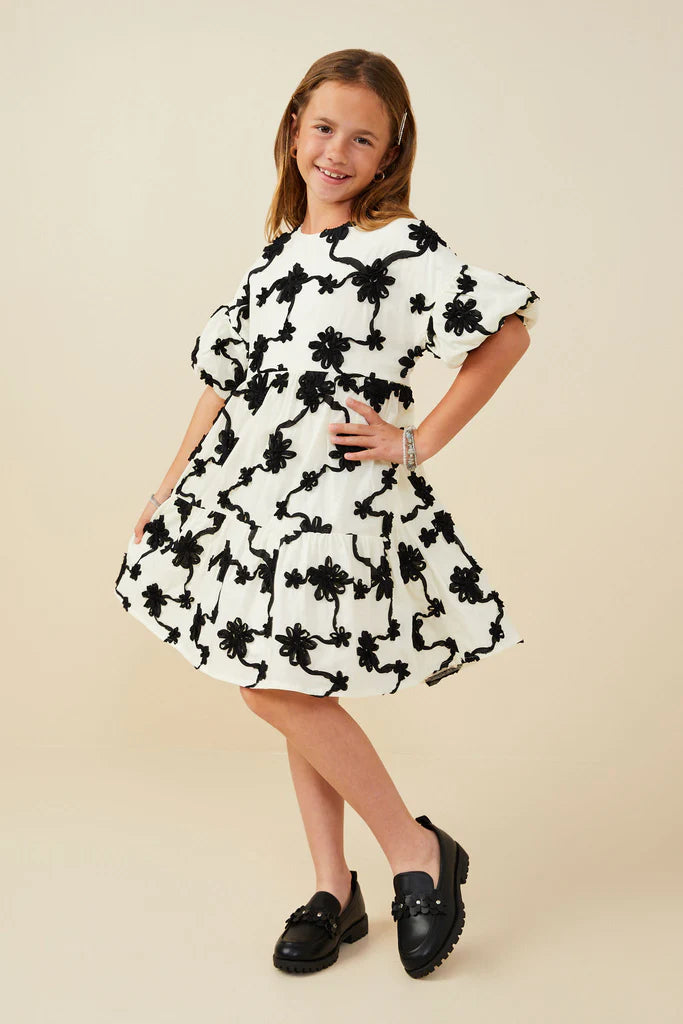 Floral Applique Ruffled Sleeve Dress