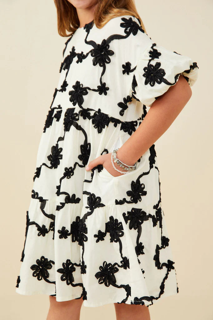 Floral Applique Ruffled Sleeve Dress