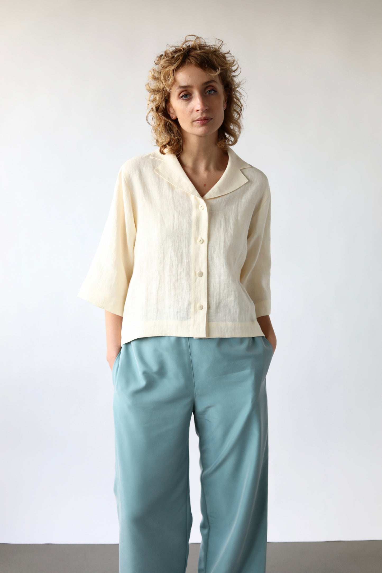 Revere Collar Linen Blouse Dusty Rose