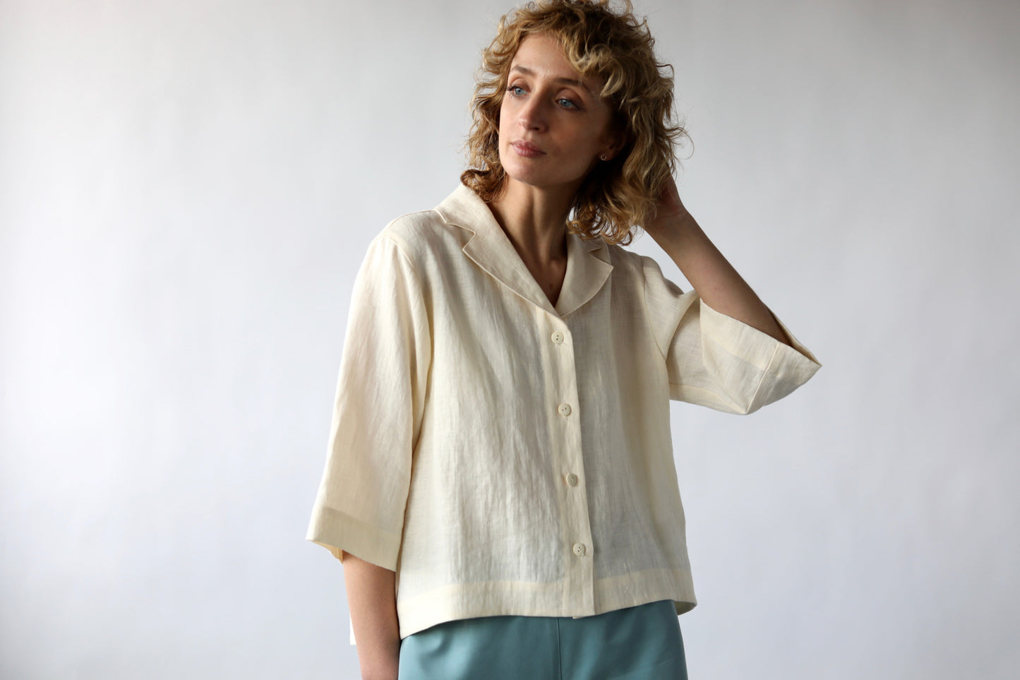 Revere Collar Linen Blouse Dusty Rose