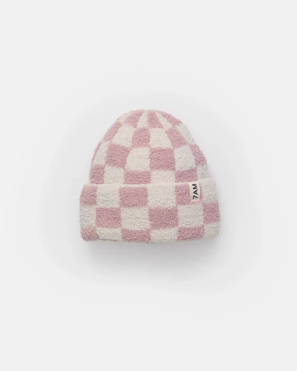 Fuzzy Checkers Beanie - Ecru/Rose