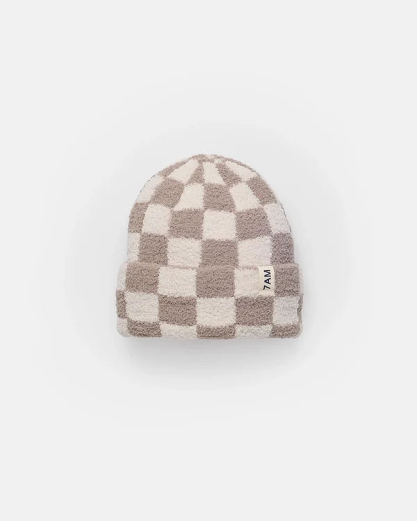 Fuzzy Checkers Beanie - Ecru/Taupe