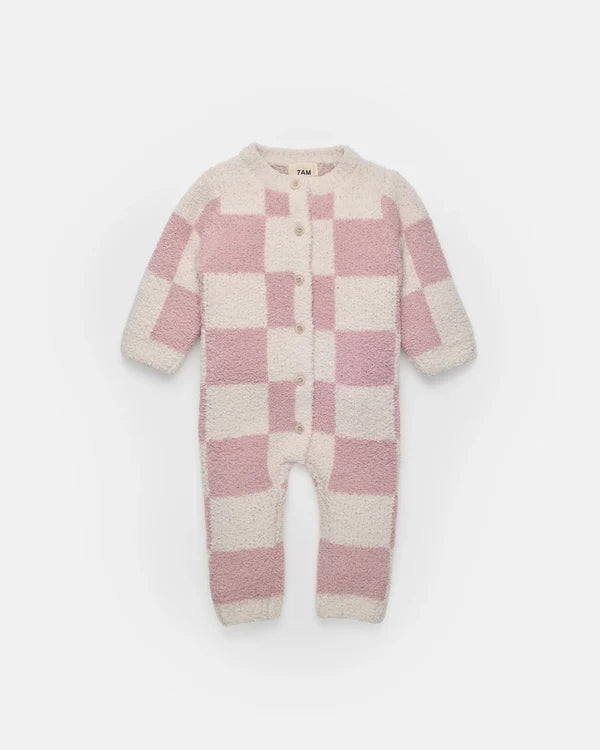 Fuzzy Checkers Romper -Ecru/Rose