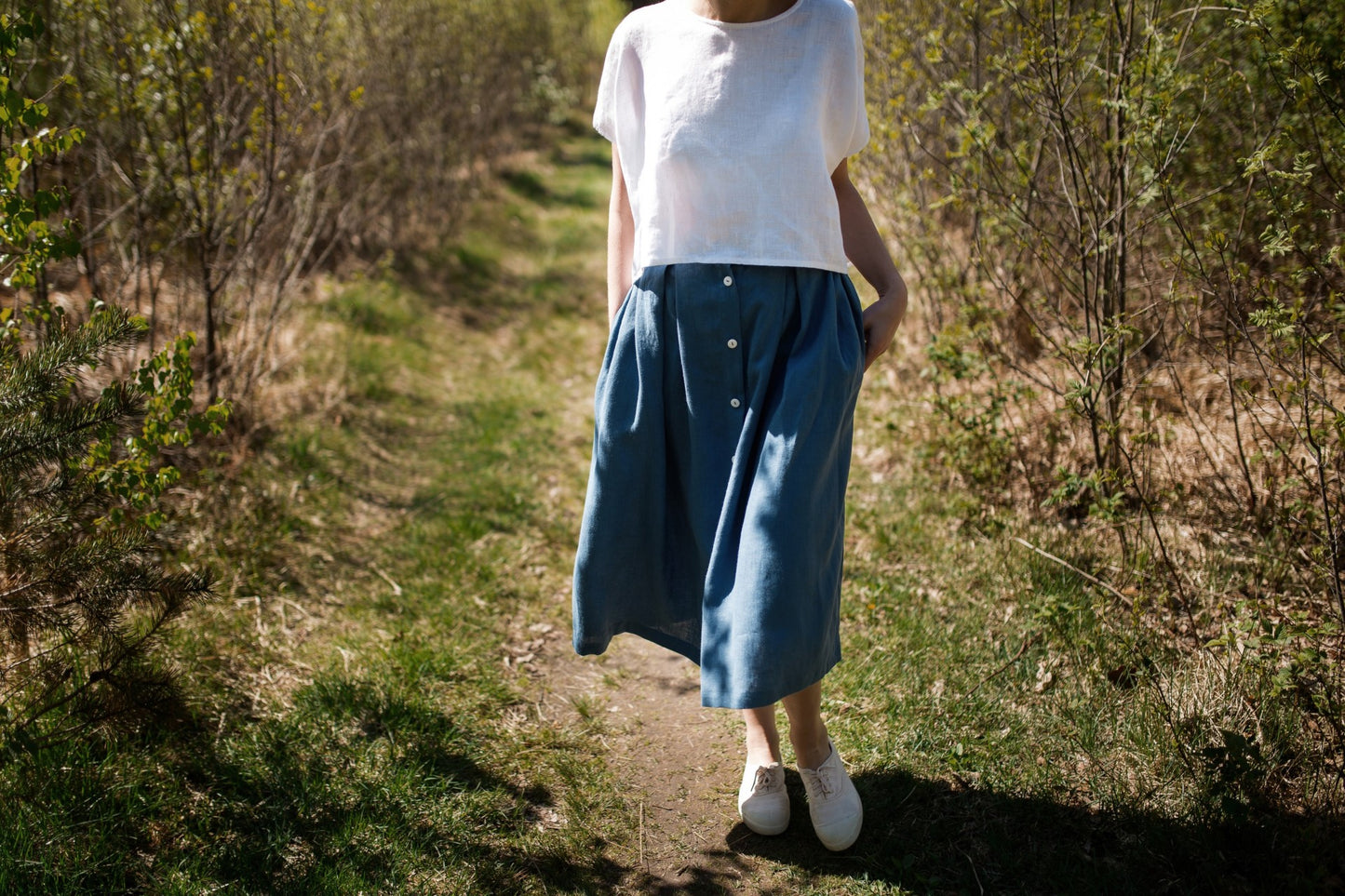 Midi Length Pleated Linen Skirt - Denim