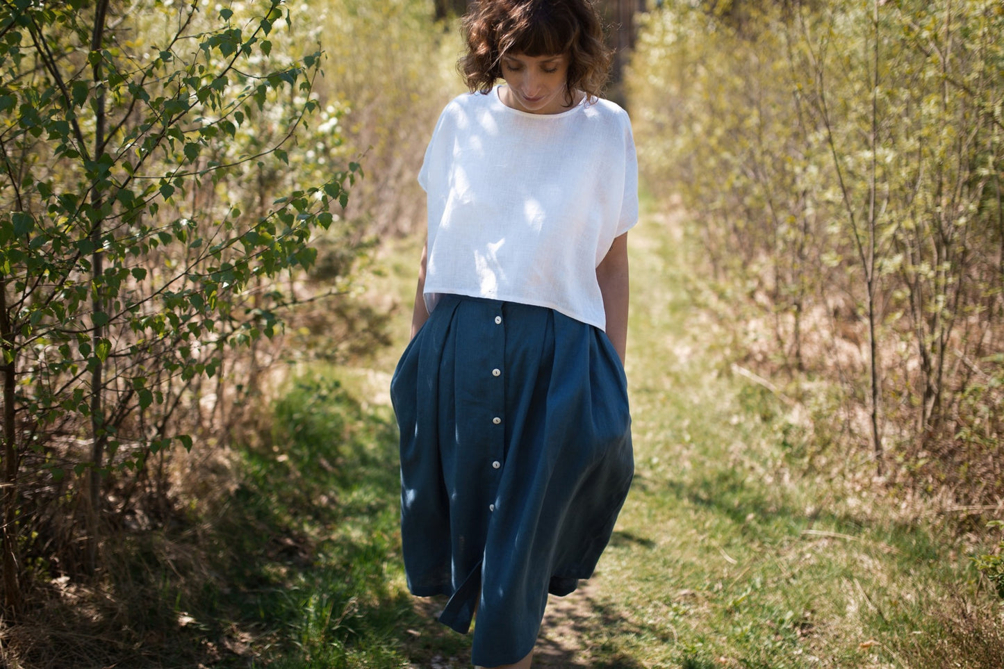 Midi Length Pleated Linen Skirt - Denim