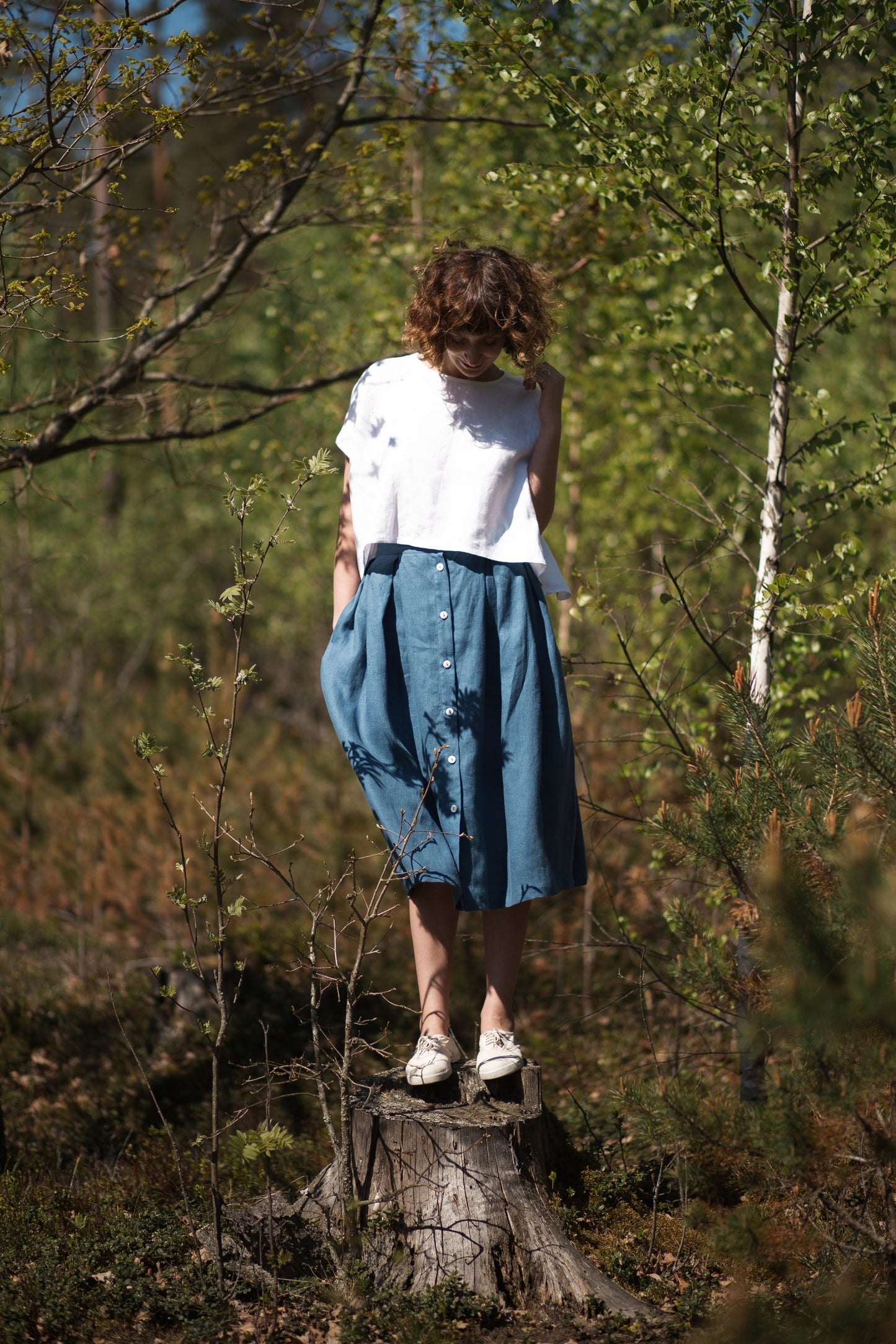 Midi Length Pleated Linen Skirt - Denim