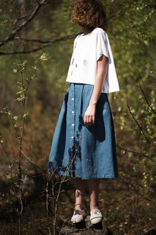 Midi Length Pleated Linen Skirt - Denim