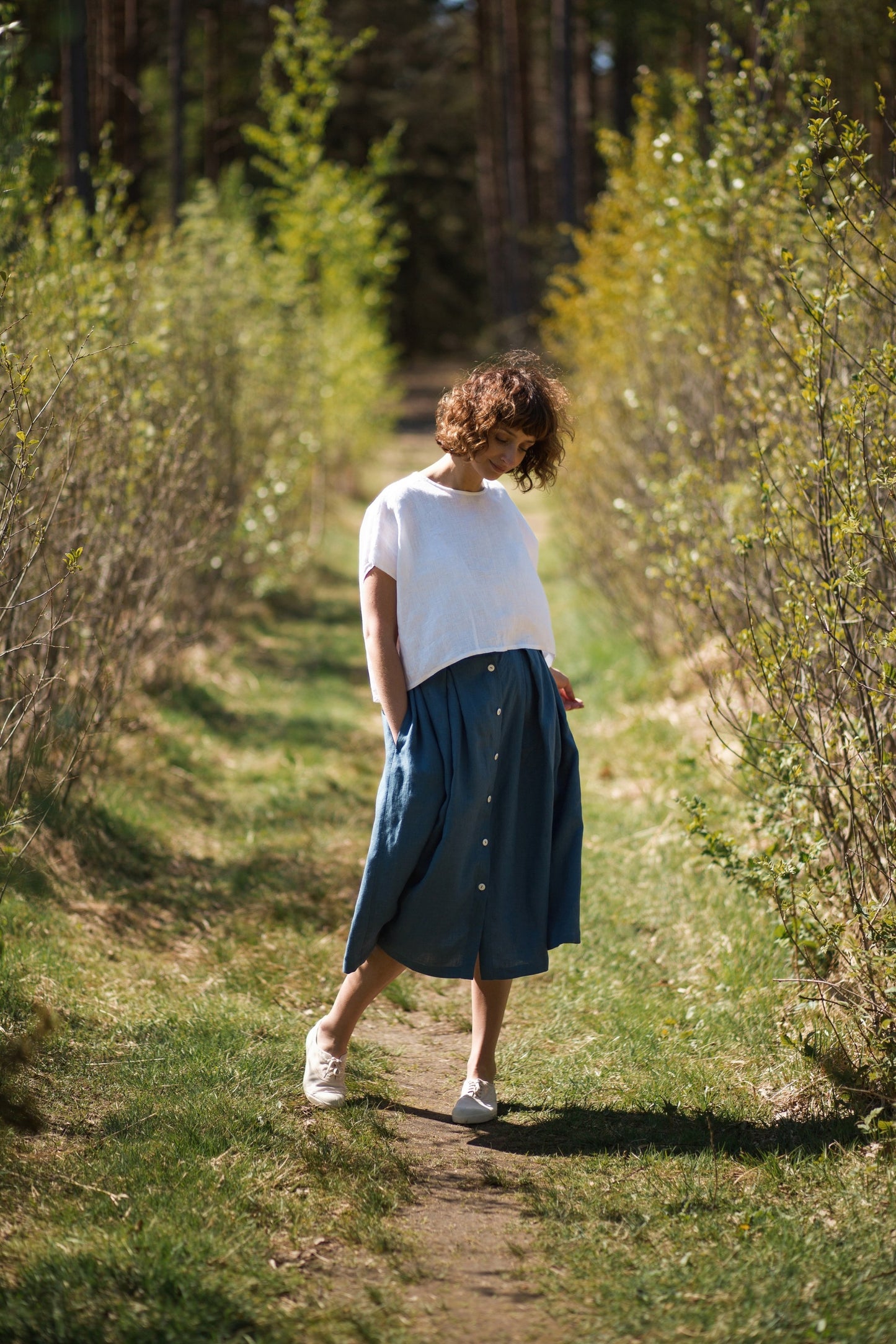 Midi Length Pleated Linen Skirt - Denim