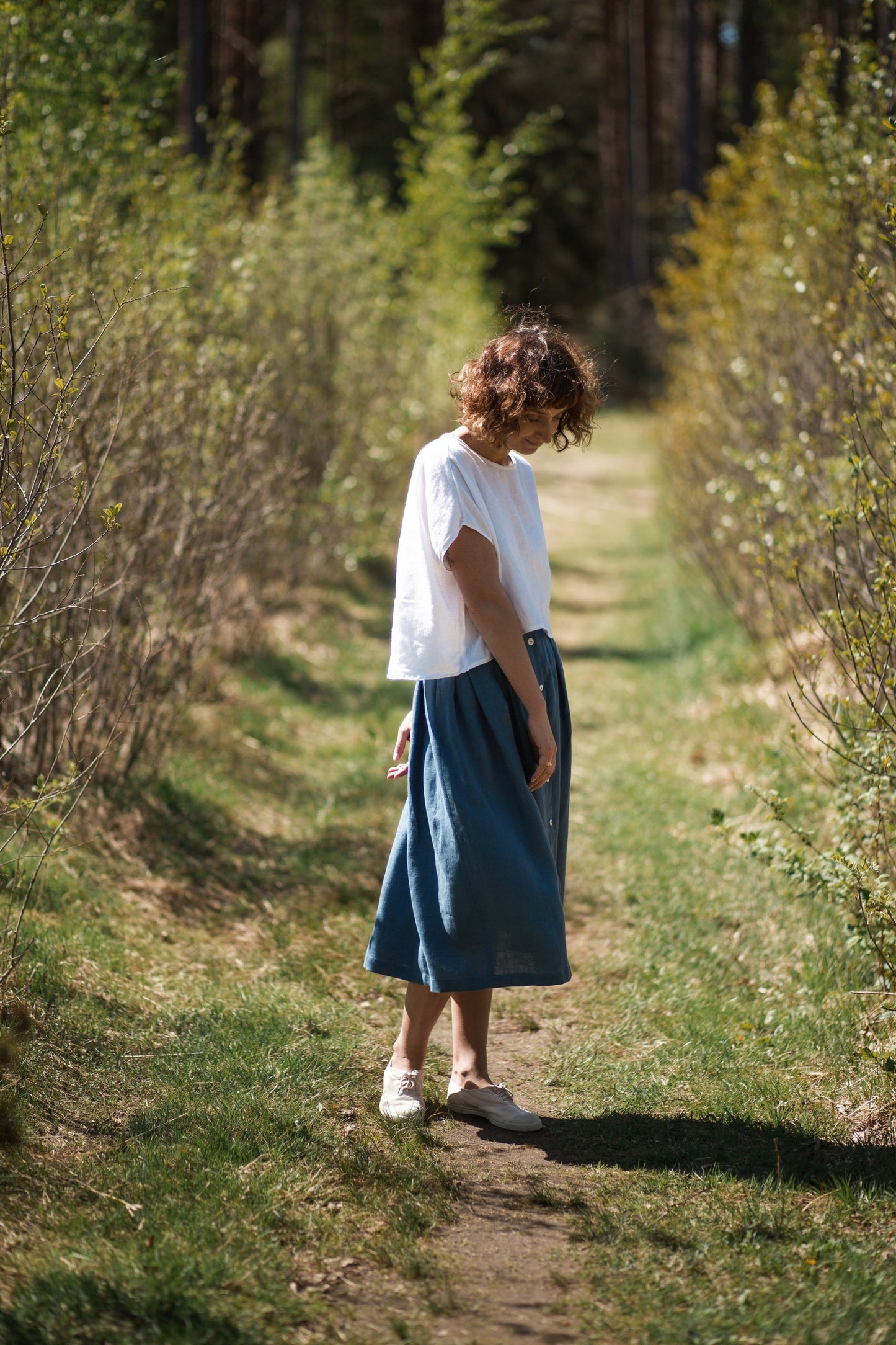 Midi Length Pleated Linen Skirt - Denim