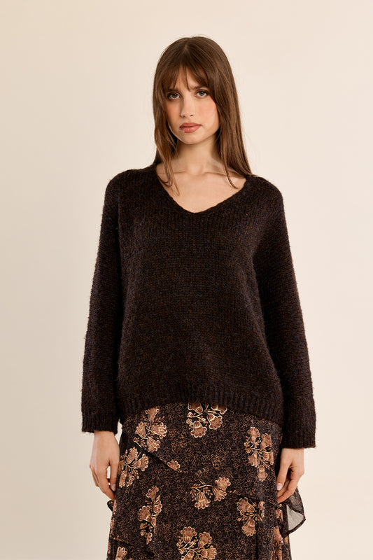 Oversized V-Neck Sweater - Chocolate