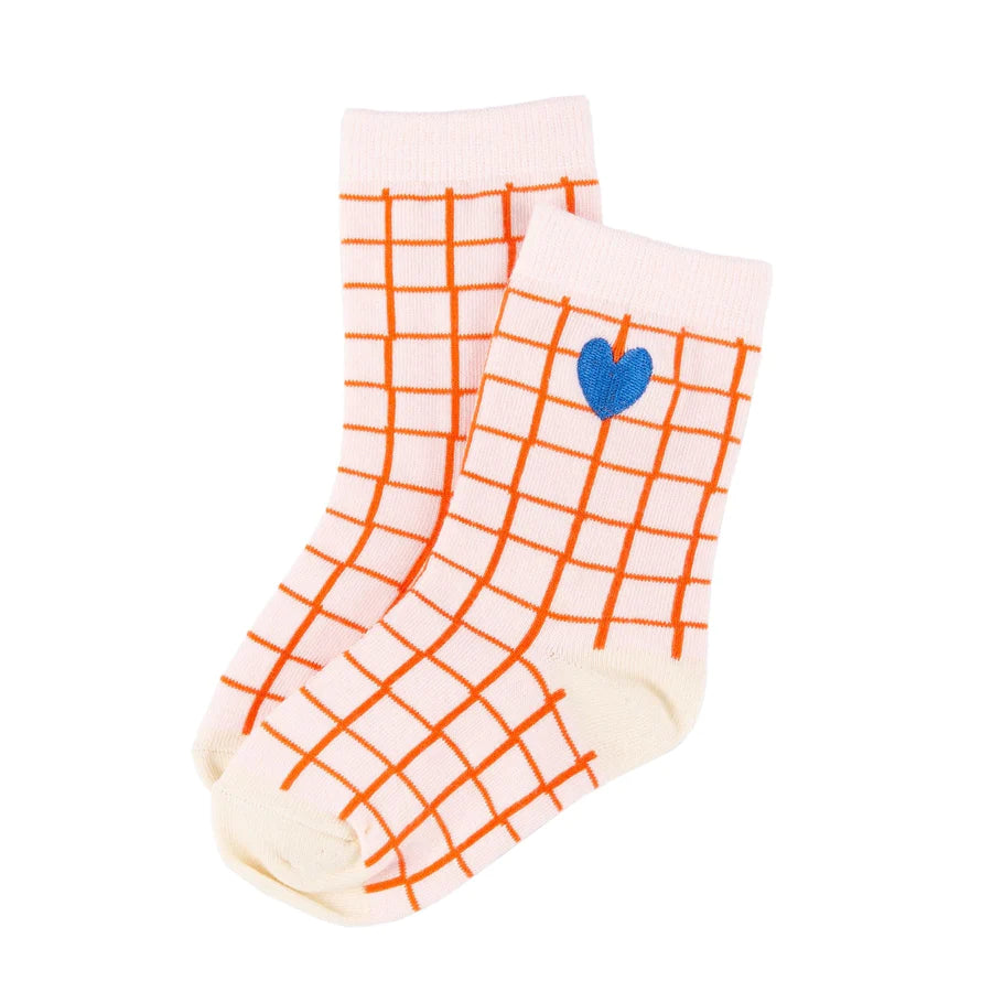 Ankle Socks - Red Grid with Hearts