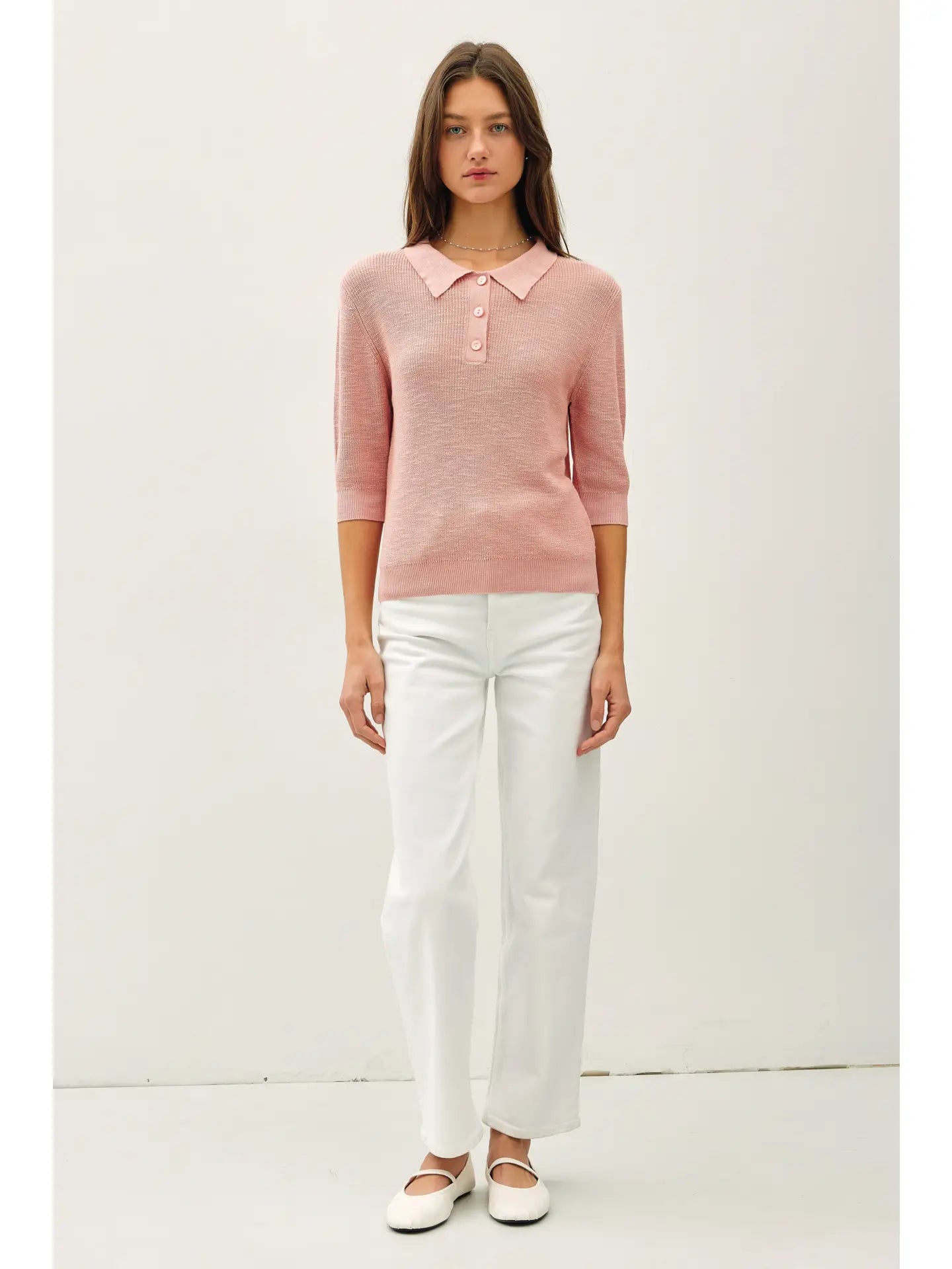 Collared Henley 1/2 Sleeve Sweater - Rose