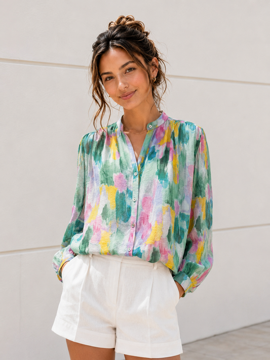 Watercolor Garden Button-Front Blouse