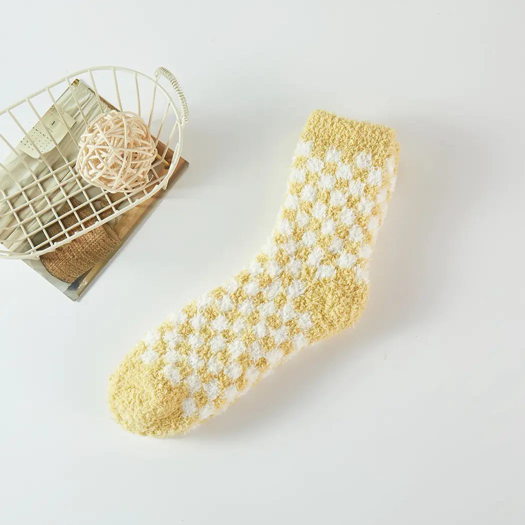 Checkerboard Pattern Fuzzy Winter Socks - Several Colors