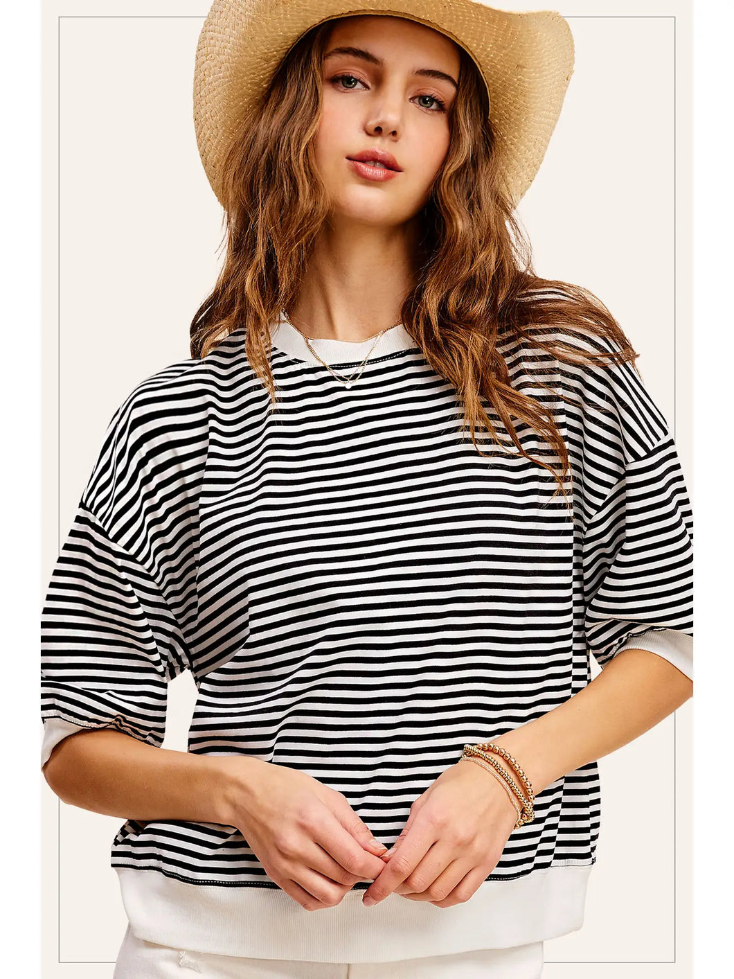 Loose Fit Striped Short Sleeve Crew - Black