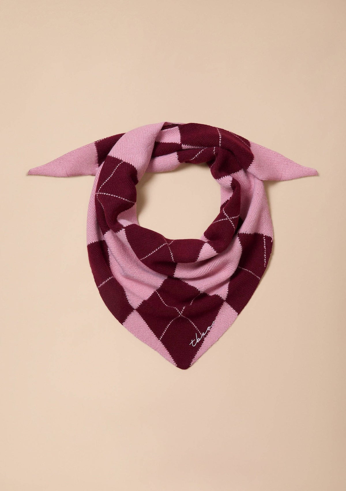 Merino Wool Triangle Scarf in Pink Argyle