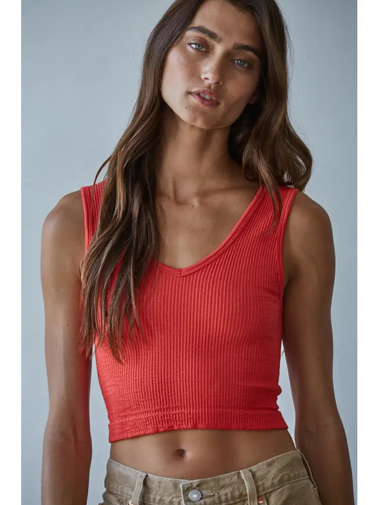 Sleeveless V-Neck Reversible Tank Top - Tomato