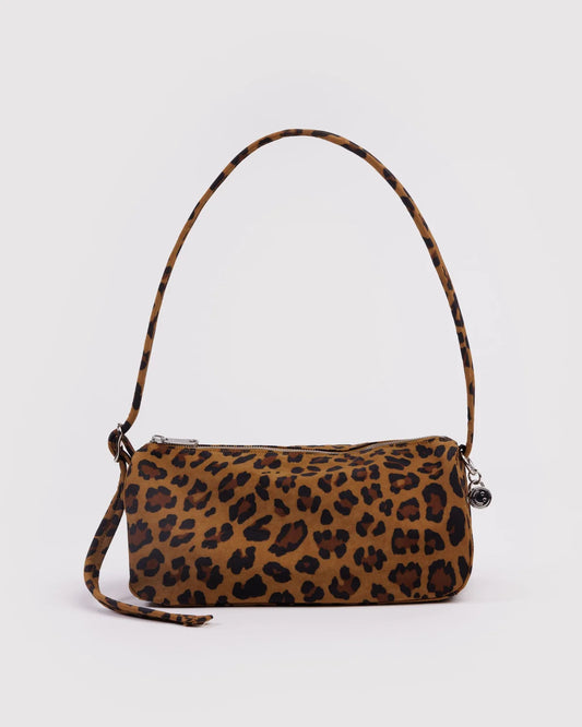 Leopard print handbag on a white background
