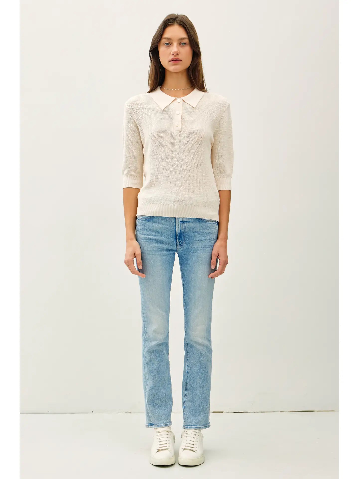 Collared Henley 1/2 Sleeve Sweater - Ivory