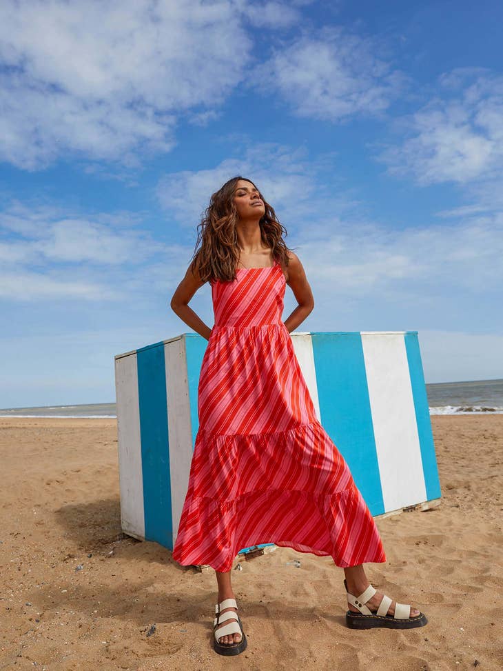 Nostalgic Stripe Strappy Midi Dress