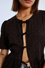 Load image into Gallery viewer, Dotted Tie Front Blouse w/ Rhinestones - Black
