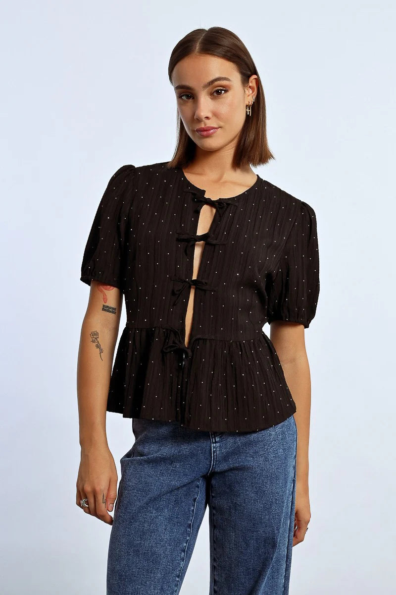 Dotted Tie Front Blouse w/ Rhinestones - Black