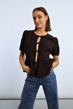 Load image into Gallery viewer, Dotted Tie Front Blouse w/ Rhinestones - Black
